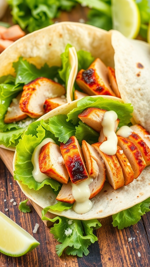 Grilled Chicken Caesar Wraps filled with chicken, romaine, and Caesar dressing on a wooden table.